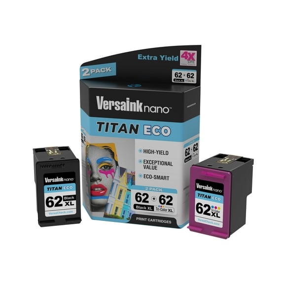 VersaInk-Nano 62 XL Titan ECO Black & Tri-Color Ink Cartridge 2-Pack Replacement of HP 62 and 62 XL, Works with HP Envy 7640, 5660, 5540, OFFICEJET 5740,5743,5741,8040,5744,250 Mobile,200 Mobile