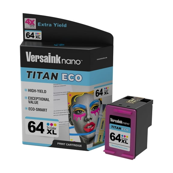 VersaInk-Nano 64 XL Titan ECO High-Yield TRI-Color Ink Cartridge Replacement of HP 64 and 64 XL, Works with HP Envy 6255,7155,7855,7255e,7955e,Tango