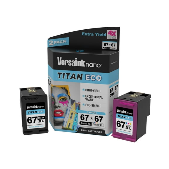 VersaInk-Nano 67 XL Titan ECO Black & Tri-Color Ink Cartridge 2-Pack Replacement of HP 67 and 67 XL, Works with HP DESKJET 2723,2734,2755,2855,4133,4155,4255, Envy 6055,6075,6455,6475