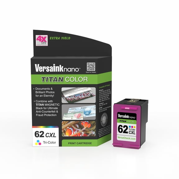 VersaInk-nano HP 62 CXL Titan Tri-Color Ink Cartridge replacement of HP 62 and 62 XL, works with HP ENVY 7640, 5660, 5540, OFFICEJET 5740,5743,5741,8040,5744,250,200 Mobile