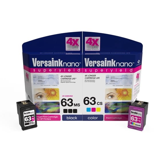 VersaInk-nano 63MS Black(MICR) Ink Cartridge Compatible for HP 63, and 63CS Color Cartridges - 4X Life