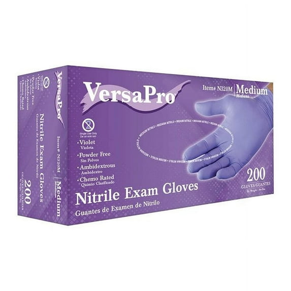 VersaPro N320M Nitrile Exam Gloves - Medical Grade, Powder Free, Disposable, Non Sterile, Food Safe, Indigo color, 200 Count, Size Medium