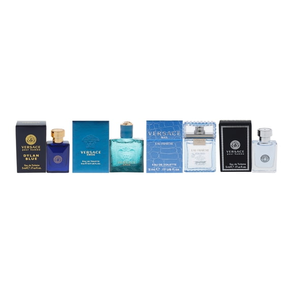 Versace 4 Pc Kit - 0.17oz Dylan Blue EDT Splash (Mini), 0.17 oz Versace Eros EDT Splash (Mini), 5ml Versace Man Eau Fraiche EDT Splash (Mini), 5ml Versace Pour Homme EDT Splash (Mini)