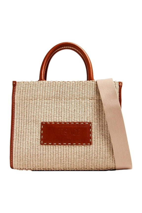 Athena Raffia Leather Small Shopper Tote Beige