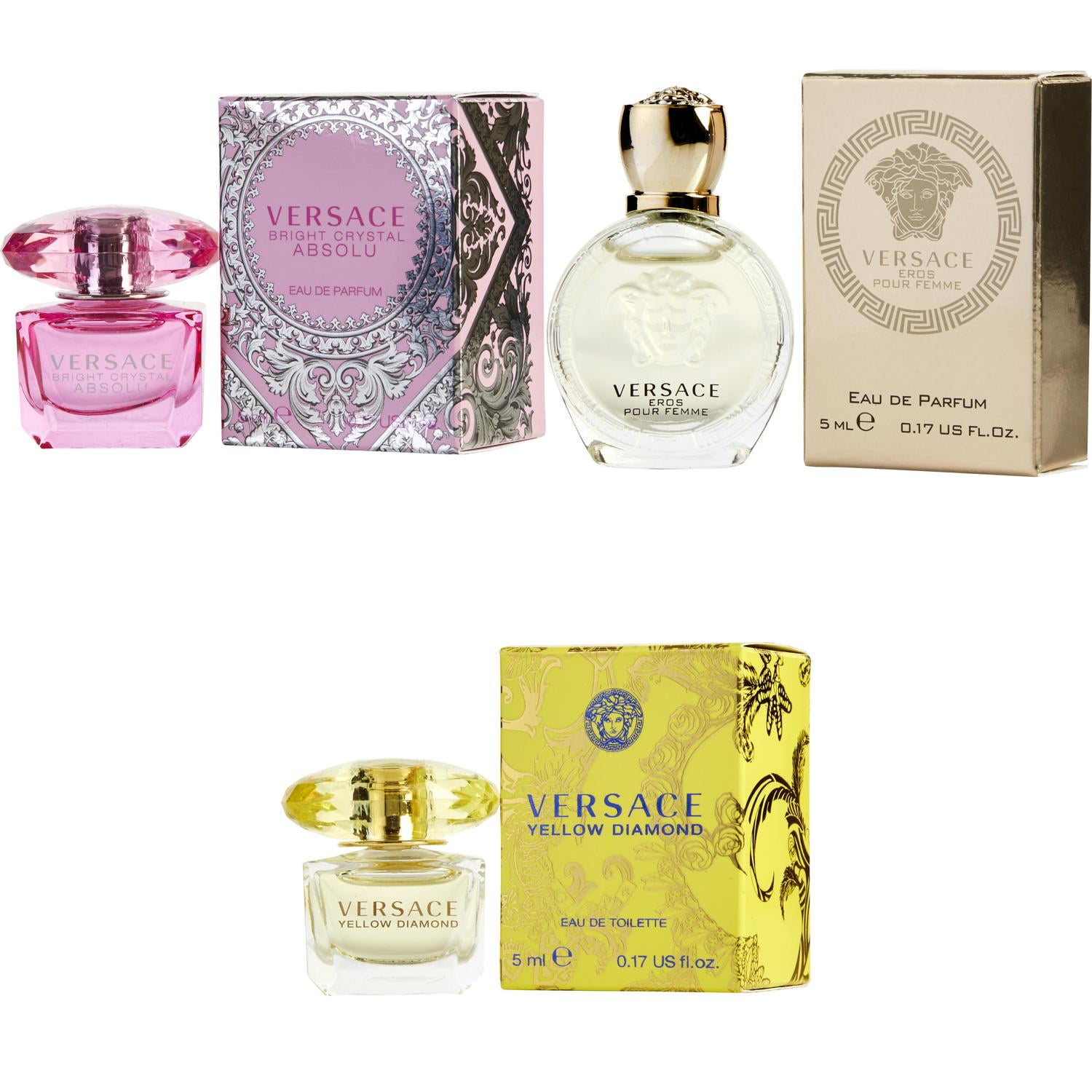 Versace Bright Crystal Absolu EDP, Eros Women EDP, Yellow Diamond EDT - 5ml 3PK Kit