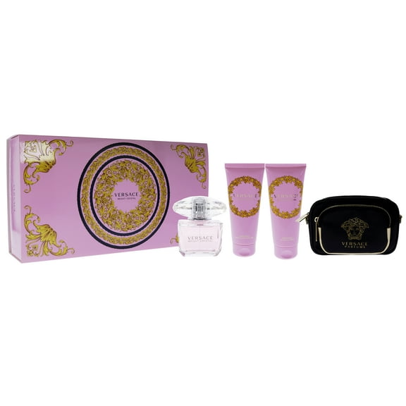 Versace Bright Crystal by Versace for Women - 4 Pc Gift Set 3oz EDT Spray, 3.4oz Shower Gel, 3.4oz Body Lotion, Bag - Black and Gold