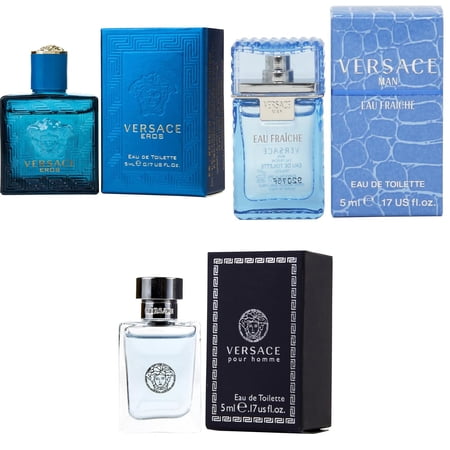 Versace Eros Men EDT, Man Eau Fraiche EDT, Pour Homme EDT - 5ml Mini Splash Bottle 3PK Kit
