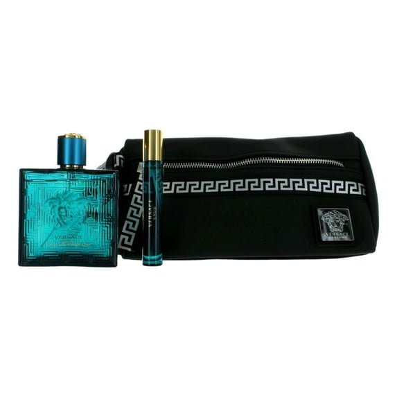 Versace Eros by Versace for Men - 3 Pc Gift Set - 3.4oz EDP Spray, 0.3oz EDP Spray, Pouch