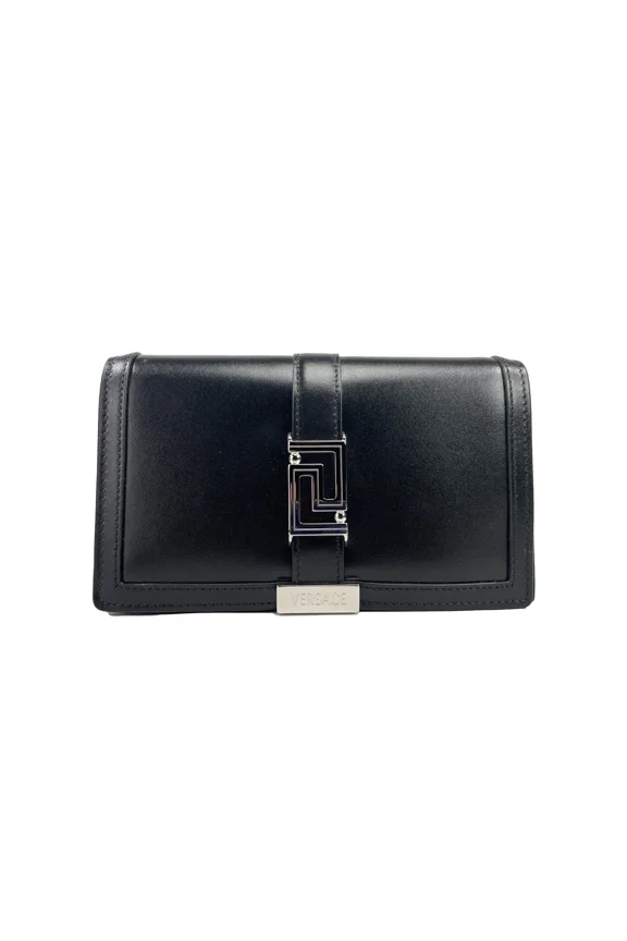 Greca Black Silver Leather Chain Crossbody Wallet