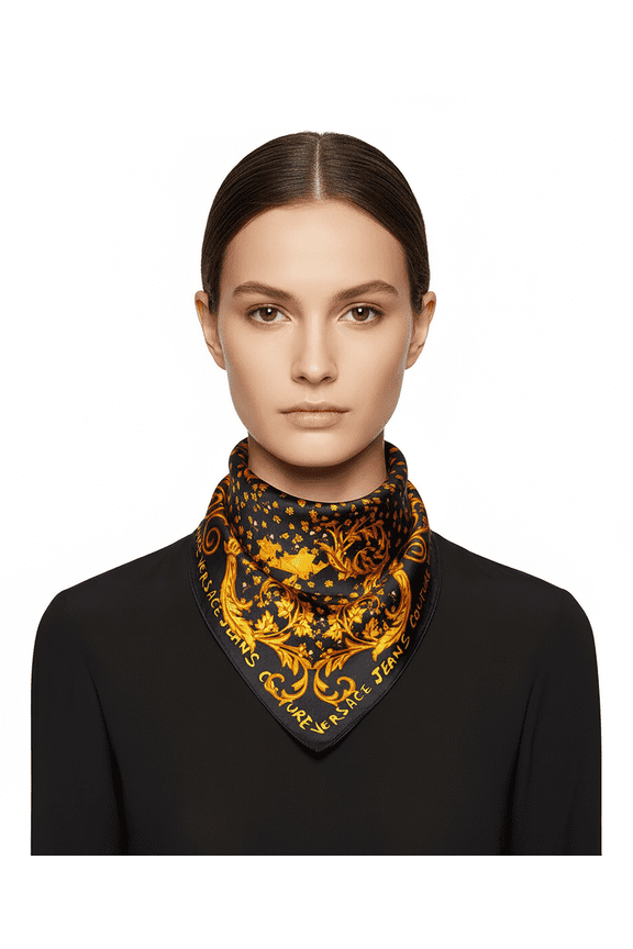 Jeans Couture Baroque  Black/Gold Bloom Silk Scarf for Womens