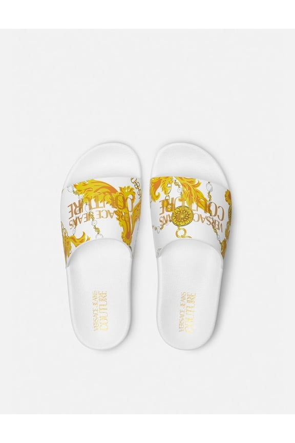 Jeans Couture Baroque-Print White Slide Sandals with Gold Accent -EU43 for Mens