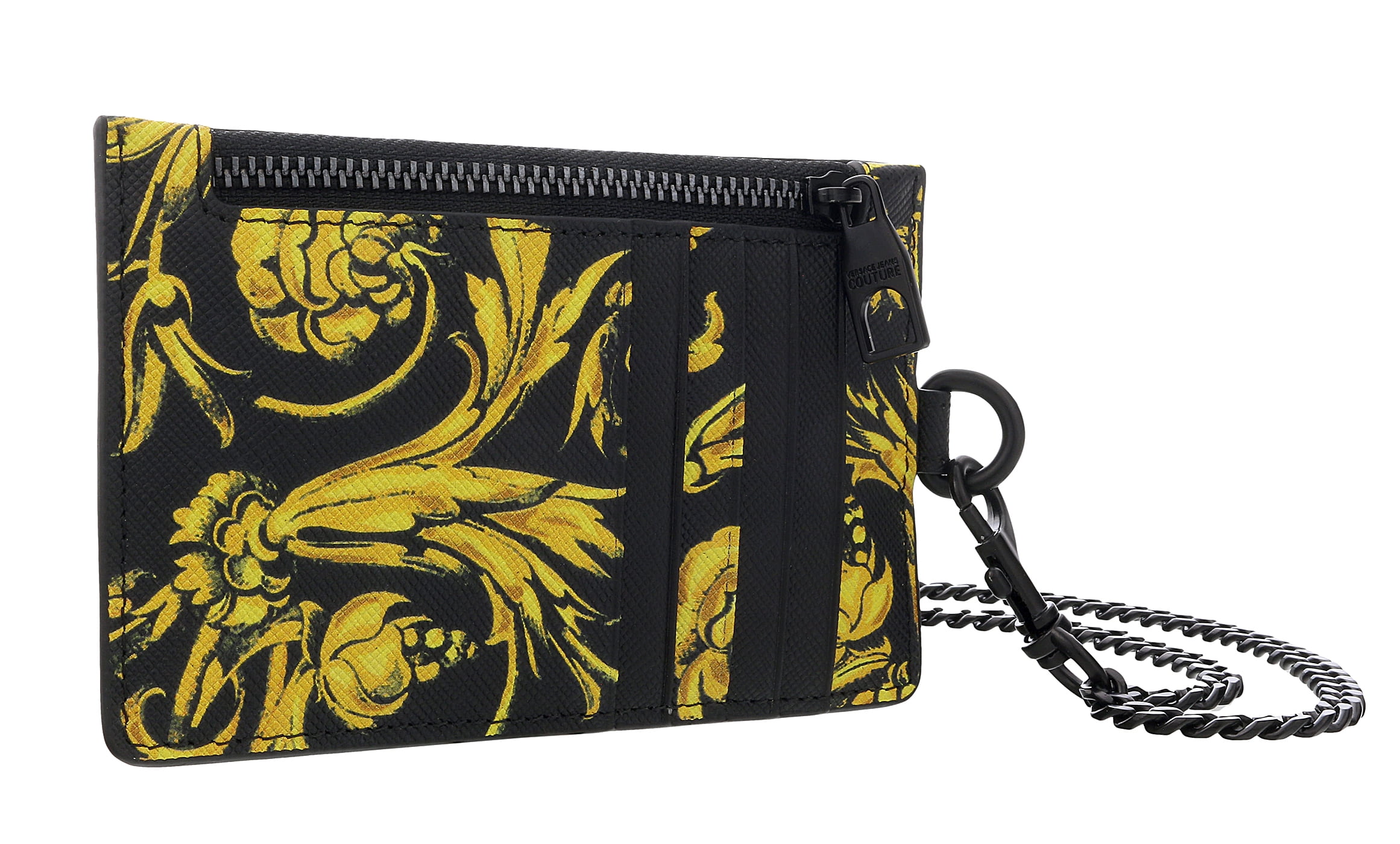 Versace Jeans Couture Black Baroque Print Zippered Lanyard Wallet