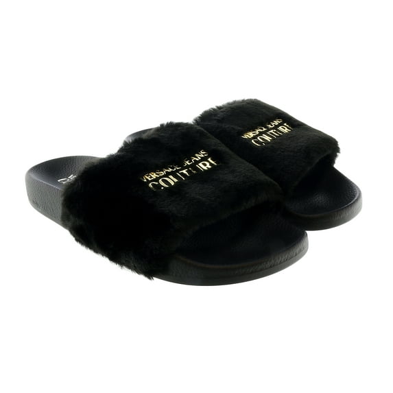 Versace Jeans Couture Black Faux Fur Signature Slides-6 for Womens