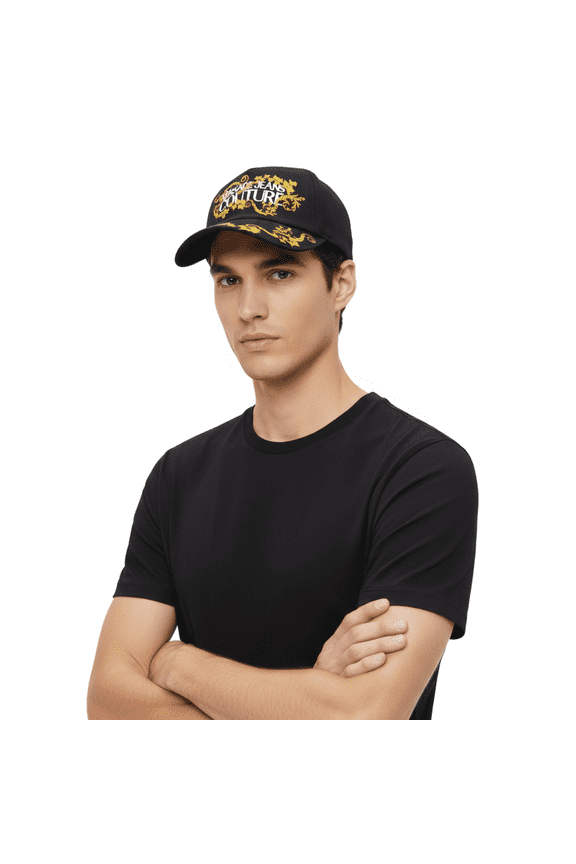 Jeans Couture Black/Gold Classic Gold tone Leaf Pattern Signature Baseball Cap for Mens