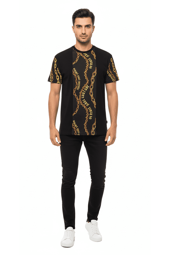 Jeans Couture Black/Gold Mens Baroque Chain Print T-Shirt-M for mens