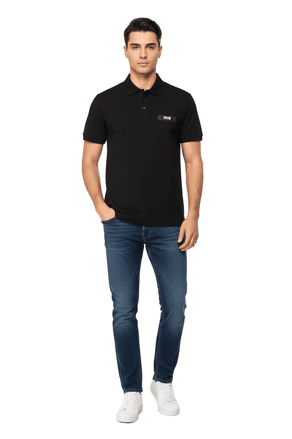 Jeans Couture Black Mens Piqu Polo Shirt with Patch Detail-XL for mens
