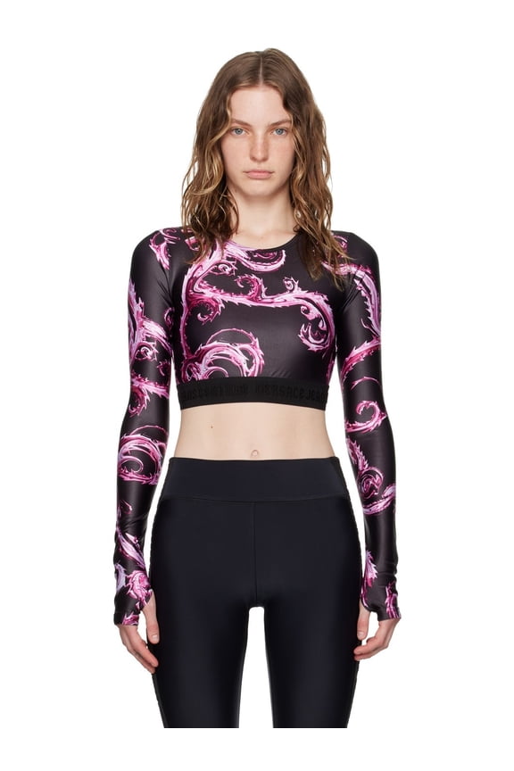 Jeans Couture Black/Pink Long Sleeve Baroque Print Crop Top-38 for womens