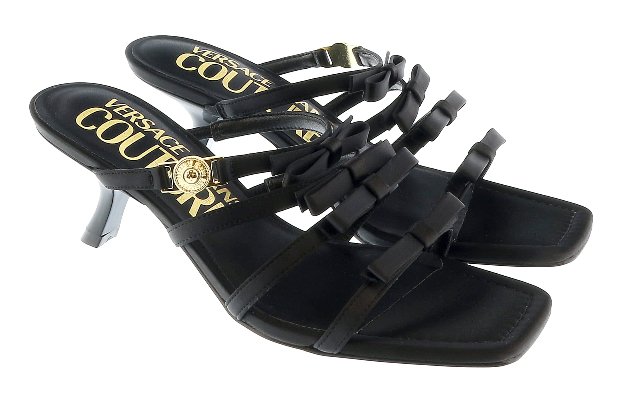 Versace Jeans Couture Black Stappy Mid Heel Bow Sandals-7 for womens