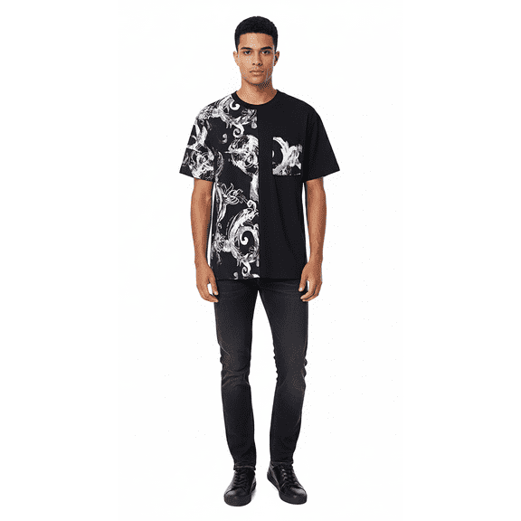 Versace Jeans Couture Black & White Baroque Split Graphic T-Shirt-S for mens