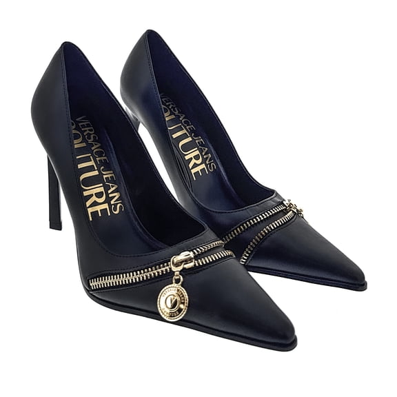 Versace Jeans Couture Womens Black Pointed Toe Pumps with Gold Zip Detail-EU41 for Womens