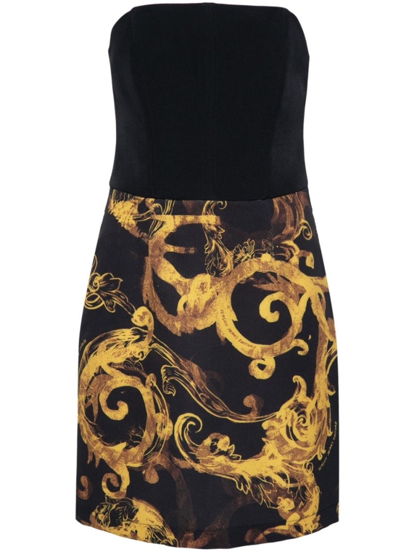 Versace Jeans Couture Female Strapless Dress With Elegant Gold Baroque Print And Fitted Bodice Black Sizes IT 34 64