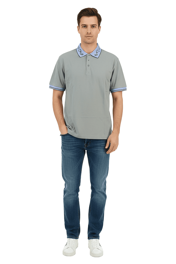 Jeans Couture Ice Grey Mens Polo Shirt with Baroque Collar Detail-XXXL for mens