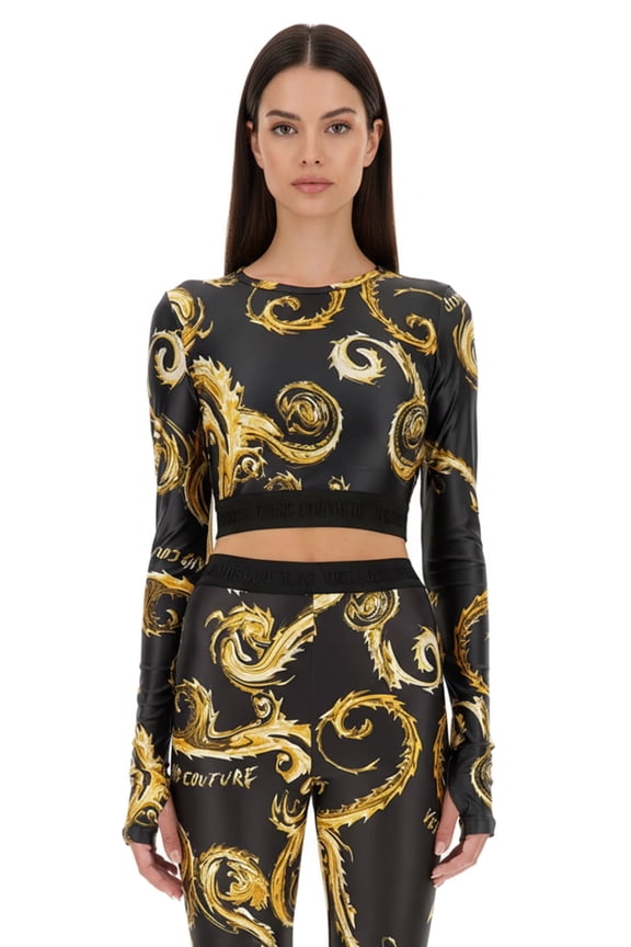 Jeans Couture Long Sleeve Baroque Print Crop Top-40 for womens