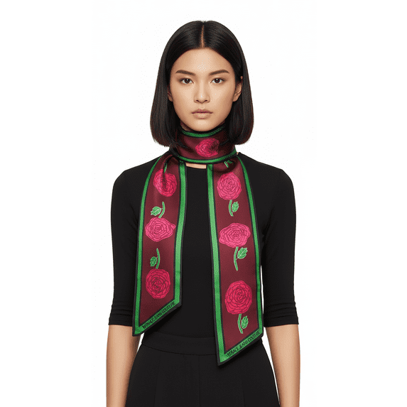 Versace Jeans Couture Maroon Green Signature Rosy Print Slim Scarf for Womens