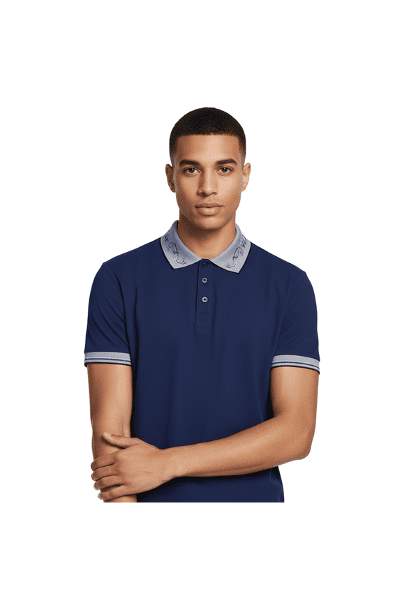 Jeans Couture Steel Blue Mens Polo Shirt with Baroque Collar Detail-L for mens