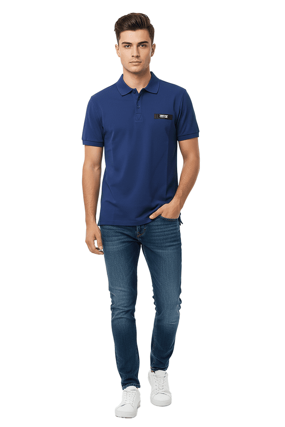 Jeans Couture Steel Blue Mens Polo Shirt with Minimalist Chest Patch-XL for mens