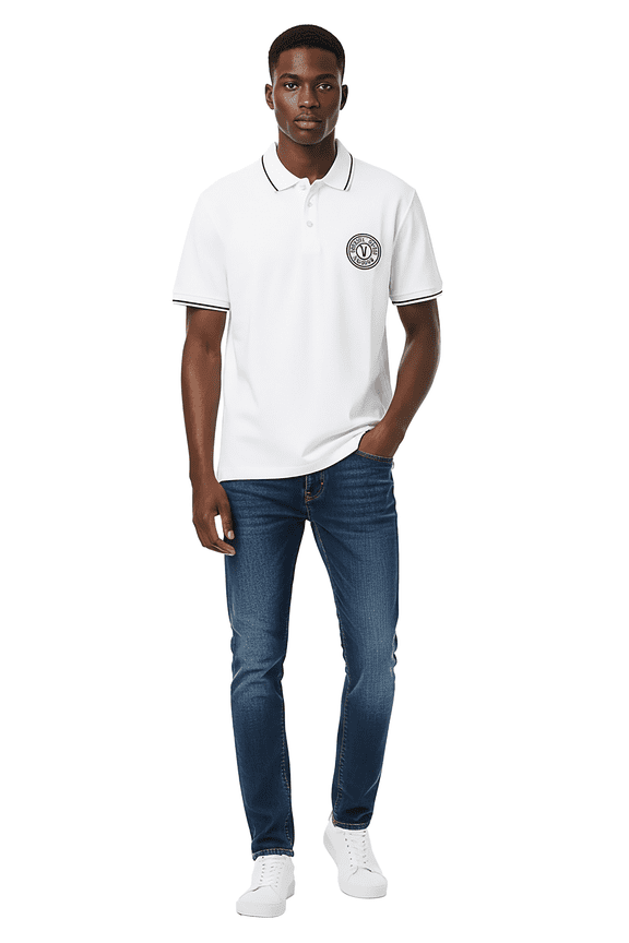 Jeans Couture White Mens Polo Shirt with Black Logo Embroidery-XXL for mens