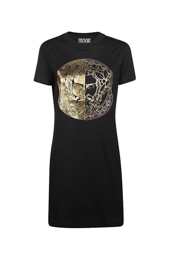 Jeans Couture Women's Black Gold Logo Short Sleeve T-Shirt Dress, XS