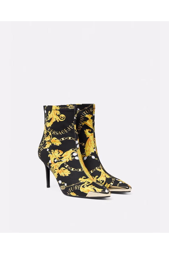 Jeans Couture Womens Black & Gold Baroque Print Heeled Ankle Boots-EU39 for Womens