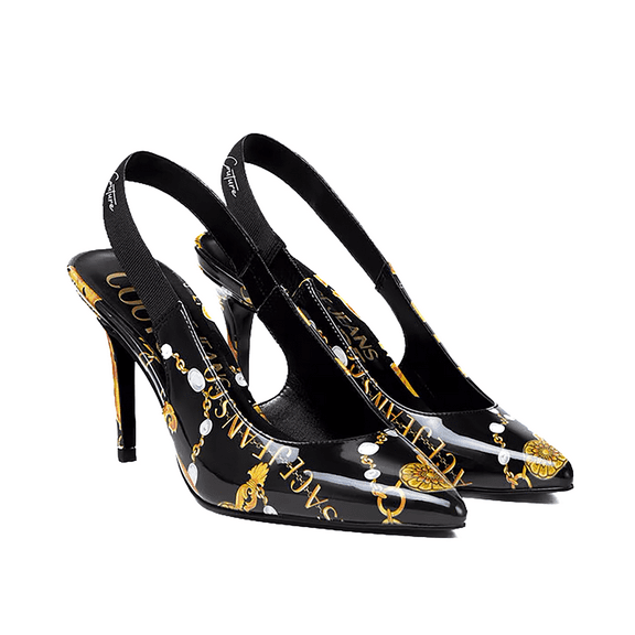 Versace Jeans Couture Womens Black/Gold Baroque Print Slingback Heels-EU35 for Womens