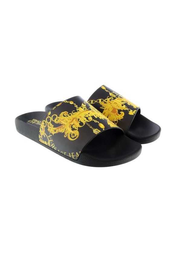 Jeans Couture Womens Black/Gold Signature Pattern Pool Slide-EU37 for Womens
