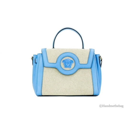 Versace La Medusa Blue Leather Top Handle Canvas Satchel Tote Crossbody Purse