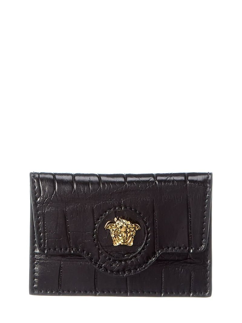 Versace La Medusa Croc-Embossed Leather Card Holder, Black