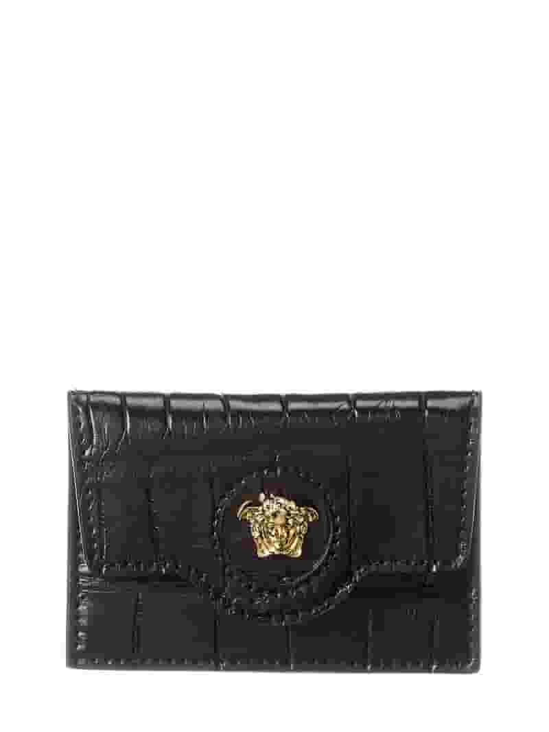 長財布 VERSACE Black Leather Card Holder Versace La Medusa Croc-Embossed Leather Card Holder, Black