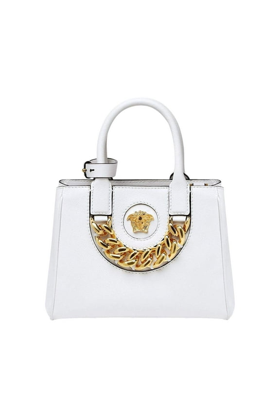 La Medusa Gold Plaque White Leather Small Crossbody Tote Bag