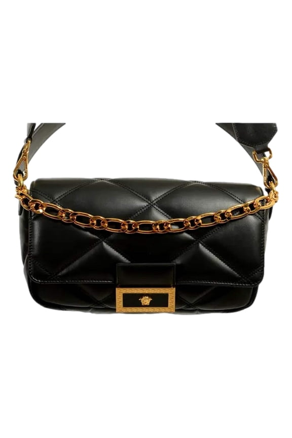La Medusa Quilted Calfskin Leather Black Crossbody Bag Gold Chain