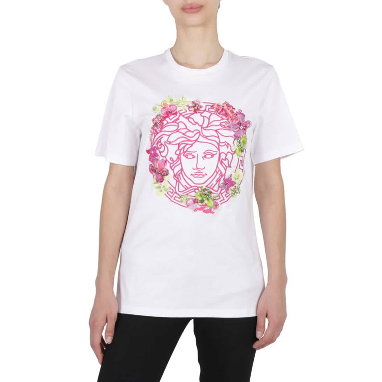 Versace Ladies Optical White Medusa Embroidered Crewneck T