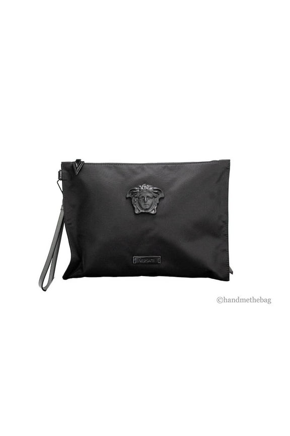 Large Black Nylon Fabric Medusa Convertible Pouch Clutch Wristlet Bag