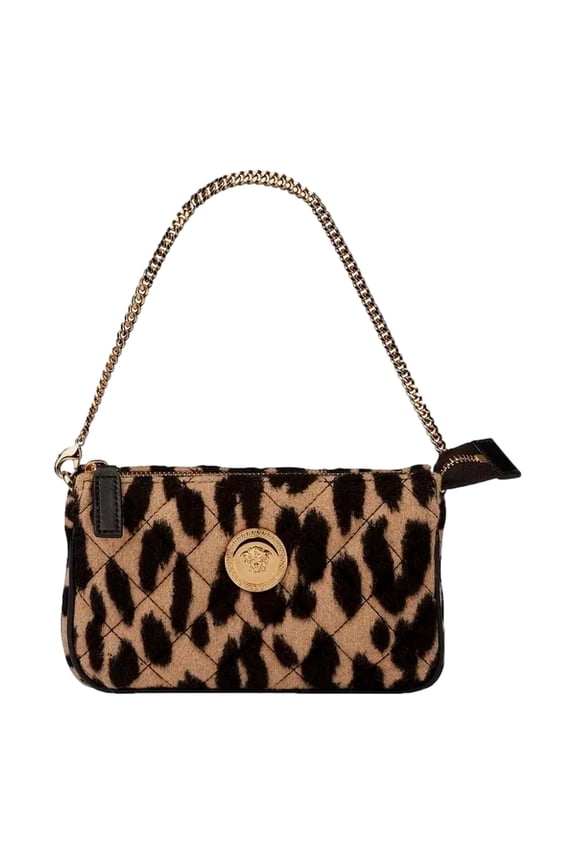 Leopard Print Fur Mini Shoulder Bag Gold Medusa Chain Brown Designer Handbag Made in Italy
