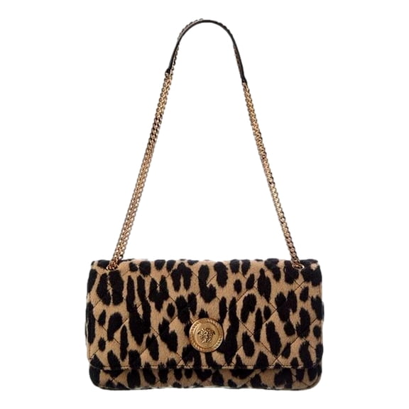Versace Leopard Print Wool Leather Shoulder Bag Gold Medallion Chain Strap Designer Handbag Made in Italy