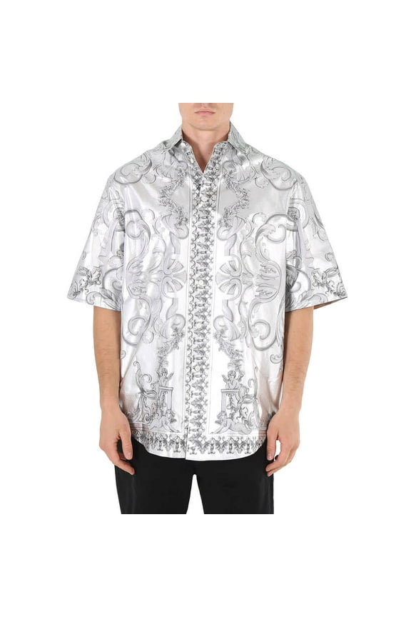 Men's Silver / Black Silver Baroque Silk Shirt, Brand Size 50 (US Size 40)