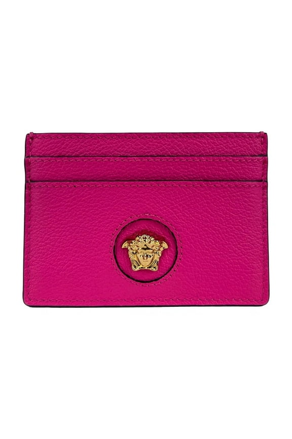 Mini Medusa Grainy Leather Slim Card Case Wallet Fuschia