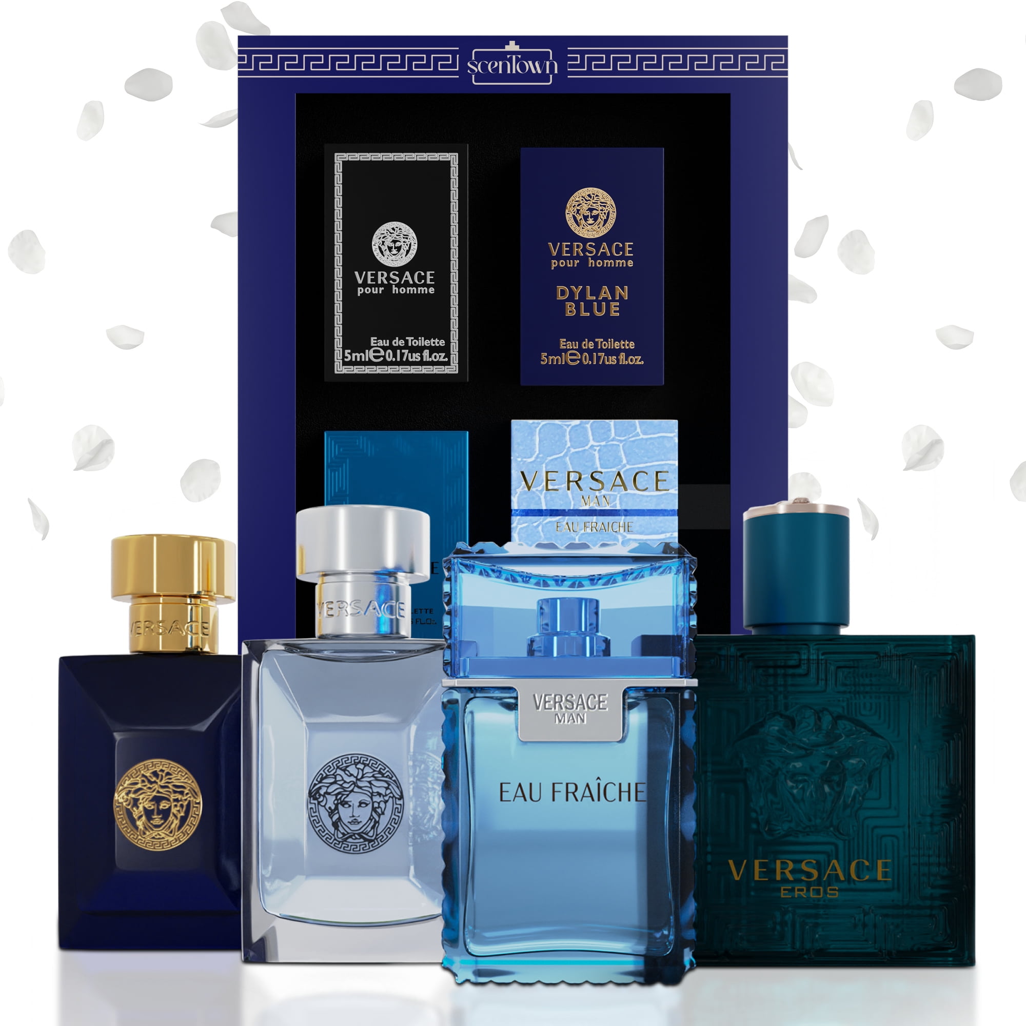 Versace Miniature Variety Bundle of 4 Small Versace Perfume for Men Bottles. Designer Mens Cologne Gift Set Includes Versace Eros, Pour Homme, Dylan Blue, Eau Fraiche 4 Mini Bottles of 0.17 oz