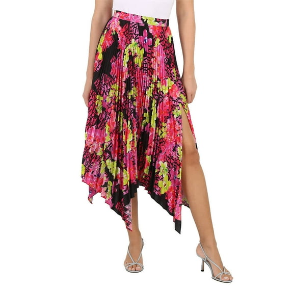 Versace Orchid Print Pleated Crepe De Chine Midi Skirt, Brand Size 36 (US Size 0)