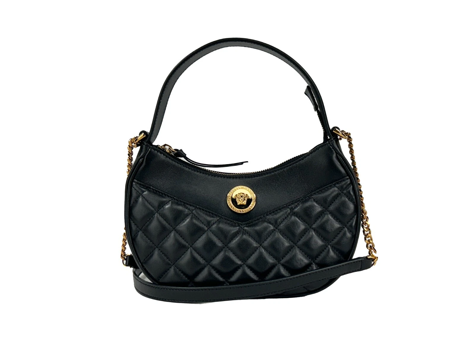 ショルダーバッグ・ポシェット VERSACE Women Shoulder Bags 10111781A051341B00V Black Versace Quilted Black Leather Half Moon Chain Crossbody Bag