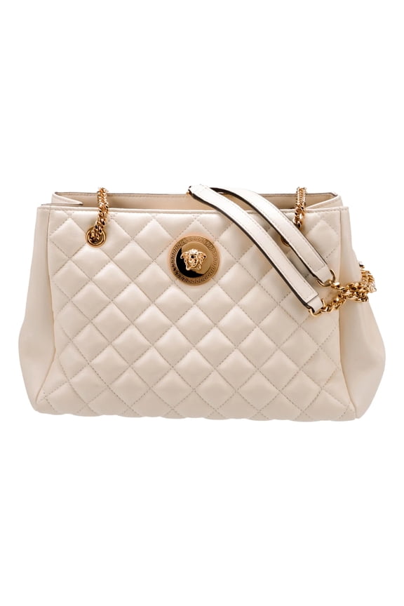 Quilted Ivory La Medusa Chain Strap Tote Bag